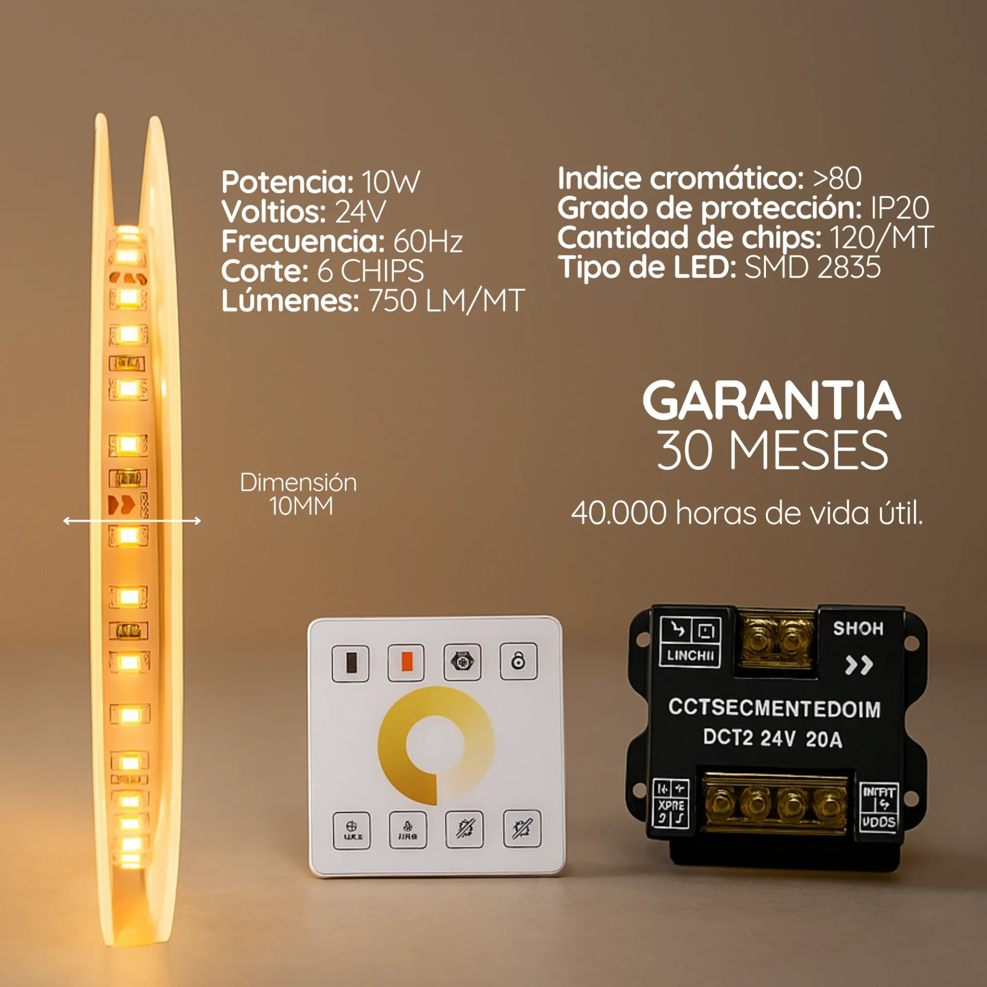 Cinta LED 3 tonos en 1 (cálida, neutra y fría) 8 mm  X10M (24V, 10W)