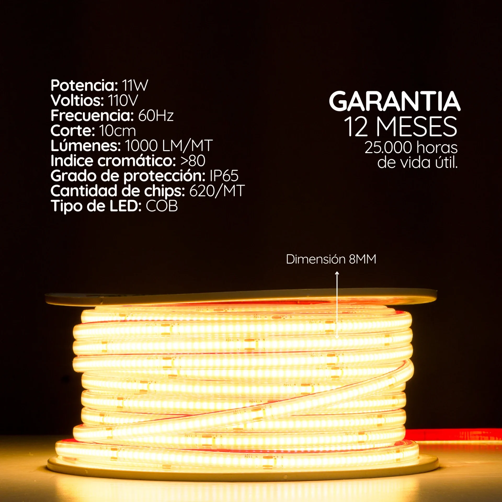 Cinta LED COB de luz continua sin puntos 110V 8 mm Serie Linx X10M (11 W)