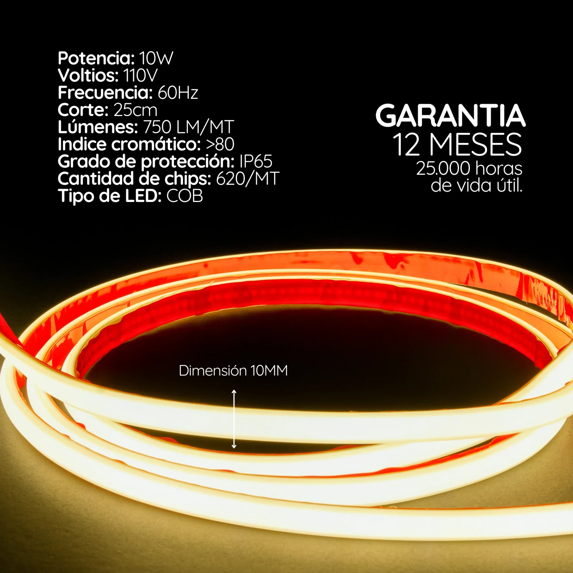 Cinta LED COB opalizada de luz continua sin puntos 110V 10 mm Serie Serpens (10 W)