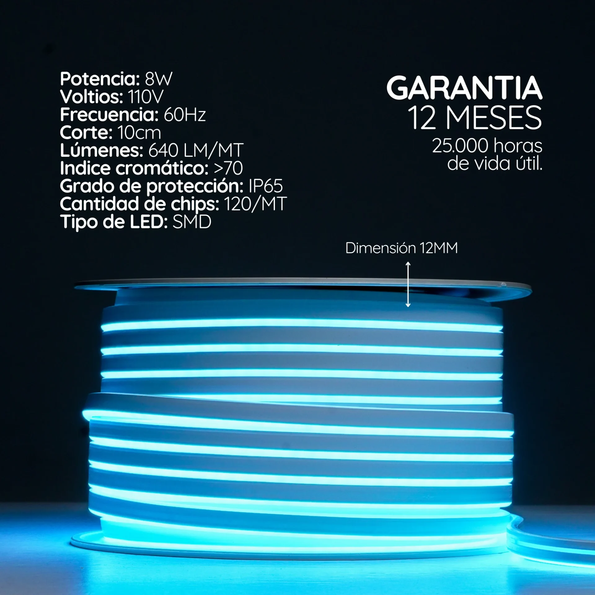 Cinta LED COB opalizada fucsia y azul 110V 12 mm Serie Serpens X10M (10 W)