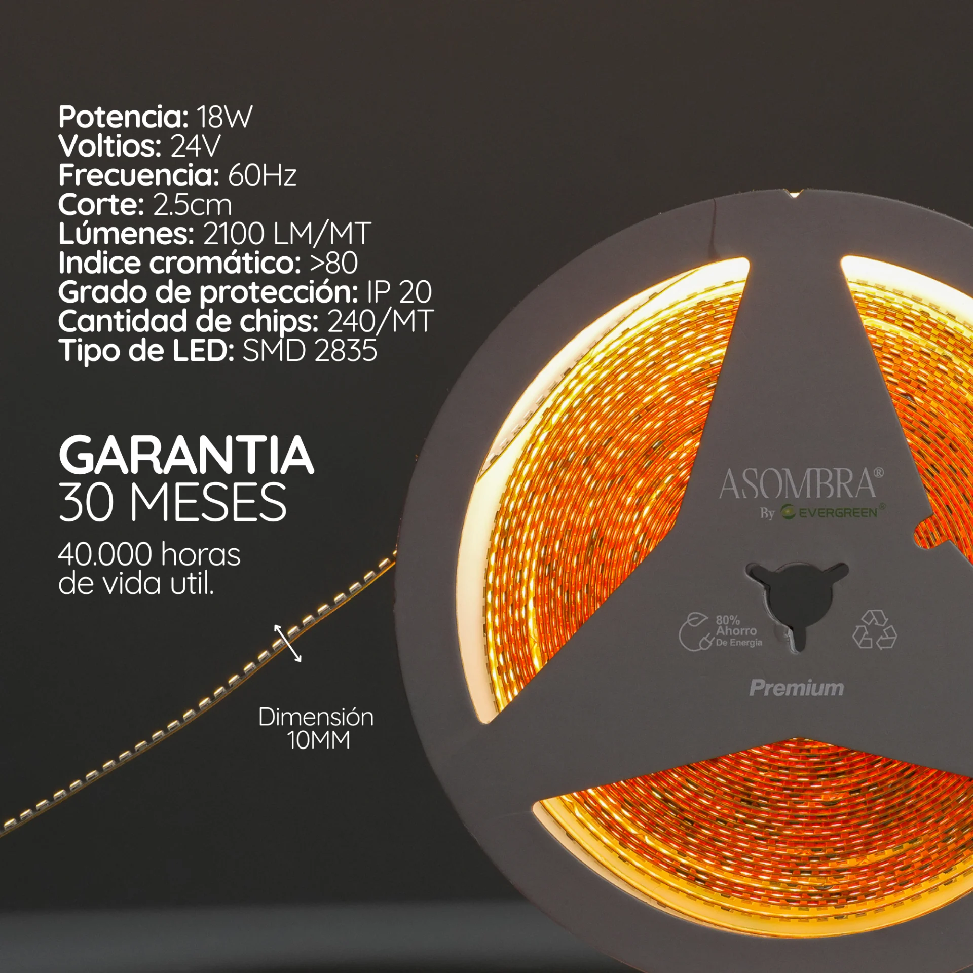 Cinta LED de alta densidad luz continua Serie Pollux x10M (24V, 18W, 240 chips/m)