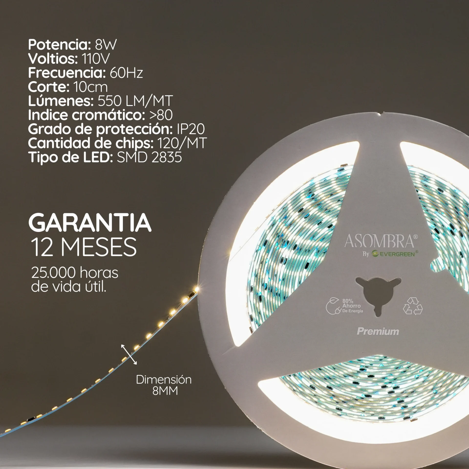 Cinta LED para recorridos largos de luz uniforme 110V Serie Wezen (8W, 120 chips, 550 lúmenes) X10M