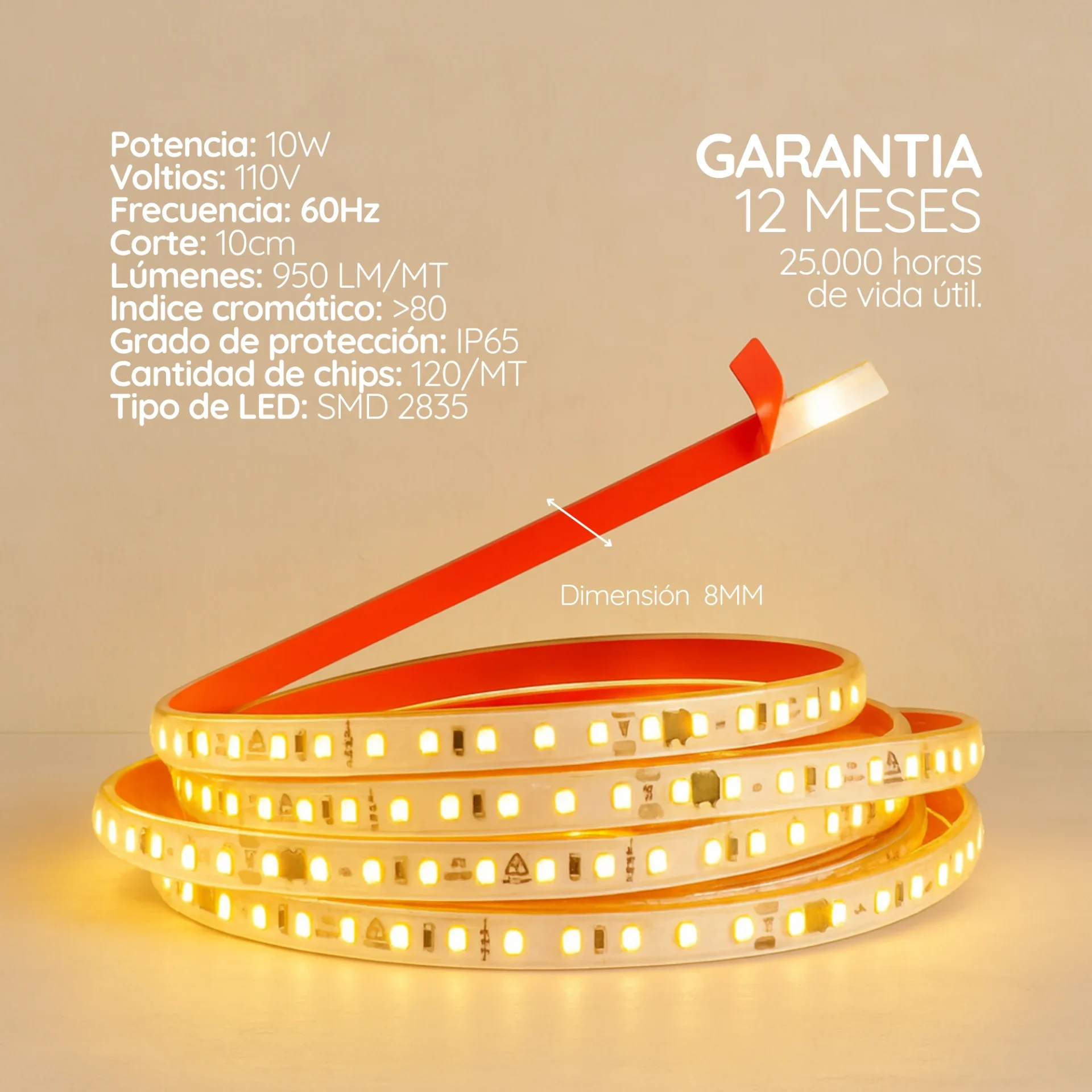 Cinta LED ultradelgada 110V 8 mm para espacios reducidos Serie Super Slim (9 W) X10M