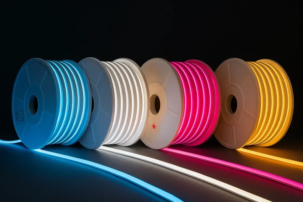 Rollos de cintas LED tipo neón en azul, blanco frío, neutro, fucsia y cálido alineados sobre un fondo oscuro.