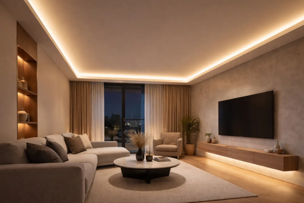 cinta LED neon instalada en cenefa de techo en sala moderna con luz continua cálida