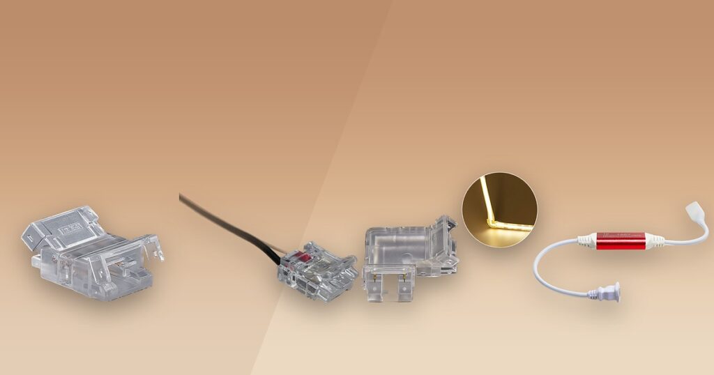 Cuatro tipos de conectores Asombra para cinta LED: conector de union acrilico transparente, conector con cable, conector en L para esquinas de 90 grados y conector rectificador HS 15A para sistemas 110V