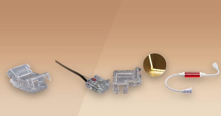 Cuatro tipos de conectores Asombra para cinta LED: conector de union acrilico transparente, conector con cable, conector en L para esquinas de 90 grados y conector rectificador HS 15A para sistemas 110V