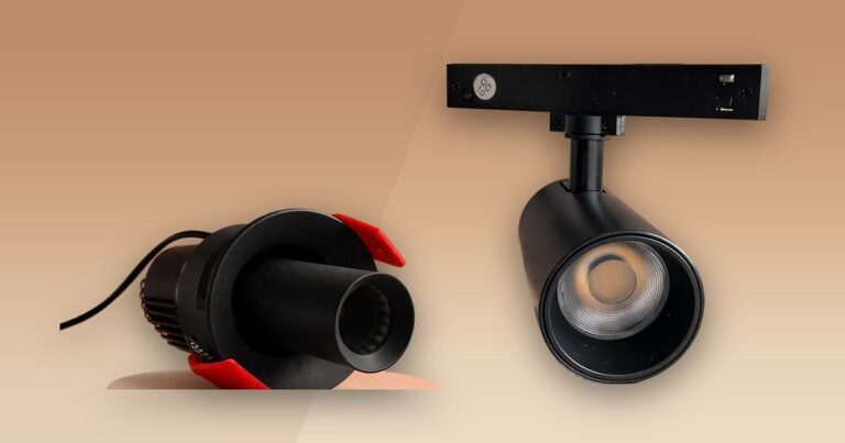 Comparacion del Spot LED Empotrable Orientable negro frente al Spot Magnetico 5mm 10W sobre riel magnetico, ambos del catalogo de iluminacion arquitectonica Asombra by Evergreen
