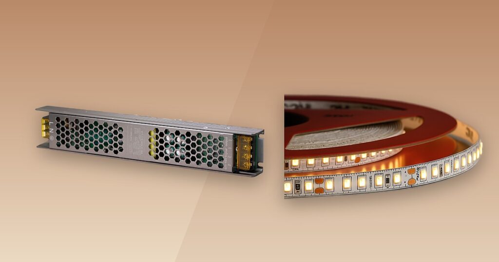 Fuente Slim Dimerizable 24V 8.3A con señal 0-10V y cinta LED 24V del catálogo Asombra para regular la intensidad de la iluminación arquitectónica