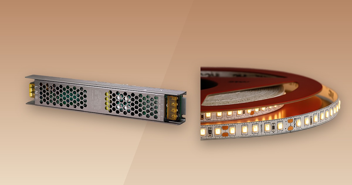 Fuente Slim Dimerizable 24V 8.3A con señal 0-10V y cinta LED 24V del catálogo Asombra para regular la intensidad de la iluminación arquitectónica