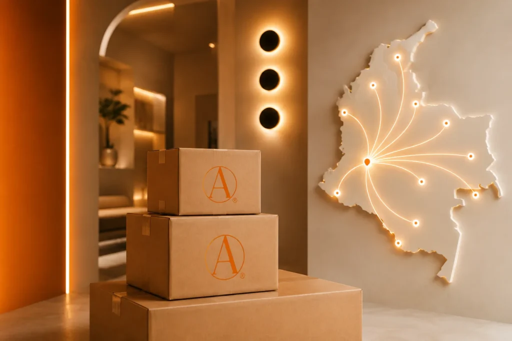 Cajas de despacho de Asombra frente a un mapa de Colombia con rutas iluminadas desde Bogotá